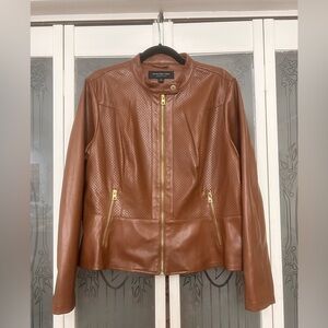 Marc New York faux leather Moto style jacket, cognac brown gold hardware XL